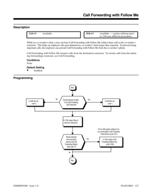 Page 157Call Forwarding with Follow Me
Description
 124i Available 384i Available — system software prior
to 3.04 uses different procedures.
While at a co-worker’s desk, a user can have Call Forwarding with Follow Me redirect their calls to the co-worker’s
extension.  This helps an employee who gets detained at a co-worker’s desk longer than expected.  To prevent losing
important calls, the employee can activate Call Forwarding with Follow Me from the co-worker’s phone.
Call Forwarding with Follow Me reroutes...
