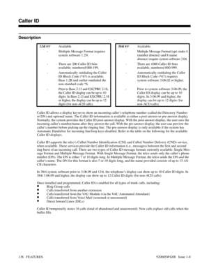 Page 168Caller ID
Description
 124i Available 384i Av a i l a b l e
- Multiple Message Format requires
system software 1.2N.- Multiple Message Format type codes 4
(number absence) and 8 (name
absence) require system software 3.04.
- There are 200 Caller ID bins
available, numbered 000-199.- There are 1000 Caller ID bins
available, numbered 000-999.
- Automatically outdialing the Caller
ID Block Code (*67) is available.
Base 1.2R and earlier outdialed the
non-standard code *6.- Automatically outdialing the...