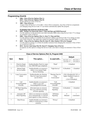 Page 195Programming (Cont’d)
➣
0406 - Class of Service Options (Part A)
0419 - Class of Service Options (Part B)
Set the options in a Class of Service.
➣1005 - Class of Service 
Assign a Class Of Service (1-15 in 384i, 1-10 in 124i) to extensions. Any Class of Service assignments
you changing using Service Code 177 (see below) automatically update this program.
If changing Class of Service via Service Code:
➣0202 - Setting User Passwords, Item 1: Time and Date and MOH Password
Use this option to set the password...