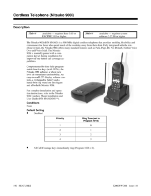 Page 220Cordless Telephone (Nitsuko 900i)
Description
 124i Available — requires Base 3.03 or
EXCPRU 3.03 or higher. 384i Available — requires system
software 3.07.10 or higher.
The Nitsuko 900i (P/N 85456D) is a 900 MHz digital cordless telephone that provides mobility, flexibility and
convenience for those who spend much of the workday away from their desk. Fully integrated with the tele-
phone system, the Nitsuko 900i offers many standard features such as Park, Page, Do Not Disturb, Hotline Voice
Over and...