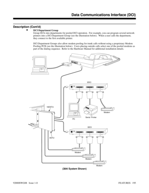 Page 225Description (Cont’d)
•DCI Department Group
Group DCIs into departments for pooled DCI operation.  For example, you can program several network
printers into a DCI Department Group (see the illustration below).  When a user calls the department,
they connect to the first available printer.  
DCI Department Groups also allow modem pooling for trunk calls without using a proprietary Modem
Pooling PCB (see the illustration below).  Users placing outside calls select one of the pooled modems as
part of the...