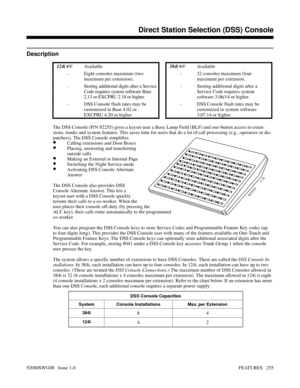 Page 285Direct Station Selection (DSS) Console
Description
 124i Av a i l a b l e 384i Available
- Eight consoles maximum (two
maximum per extension).- 32 consoles maximum (four
maximum per extension.
- Storing additional digits after a Service
Code requires system software Base
2.13 or EXCPRU 2.18 or higher.- Storing additional digits after a
Service Code requires system
software 3.06/14 or higher.
- DSS Console flash rates may be
customized in Base 4.02 or
EXCPRU 4.20 or higher.- DSS Console flash rates may...