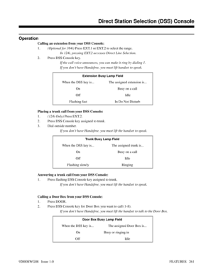 Page 291Operation
Calling an extension from your DSS Console:
1.(Optional for 384i) Press EXT.1 or EXT.2 to select the range.
In 124i, pressing EXT.2 accesses Direct Line Selection.
2. Press DSS Console key.
If the call voice-announces, you can make it ring by dialing 1.
If you don’t have Handsfree, you must lift handset to speak.
Extension Busy Lamp Field
When the DSS key is... The assigned extension is...
On Busy on a call 
Off Idle
Flashing fast In Do Not Disturb 
Placing a trunk call from your DSS Console:...