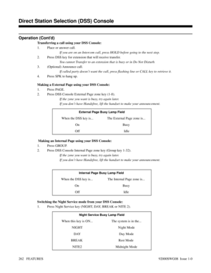 Page 292Operation (Cont’d)
Transferring a call using your DSS Console:
1. Place or answer call.
If you are on an Intercom call, press HOLD before going to the next step.
2. Press DSS key for extension that will receive transfer.
You cannot Transfer to an extension that is busy or in Do Not Disturb.
3. (Optional) Announce call.
If called party doesn’t want the call, press flashing line or CALL key to retrieve it.
4. Press SPK to hang up.
Making a External Page using your DSS Console:
1. Press PAGE.
2. Press DSS...