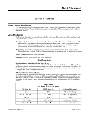 Page 33Introducing the FeaturesAbout This Manual
Section 1 - Features
Before Reading This Section
This section provides detailed information on the system’s features. If you don’t know what the various features
are, review the Table of Contents for this section and the manual’s Index. After reviewing, turn back to this sec-
tion for the specifics.
Using This Section
The features in this section are in alphabetical order, like a dictionary. This section subdivides each feature defi-
nition into headings as...