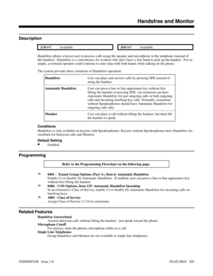 Page 335Handsfree and Monitor
Description
 124i Available. 384i Available.
Handsfree allows a keyset user to process calls using the speaker and microphone in the telephone (instead of
the handset).  Handsfree is a convenience for workers who don’t have a free hand to pick up the handset.  For ex-
ample, a terminal operator could continue to enter data with both hands while talking on the phone.
The system provides three variations of Handsfree operation:
HandsfreeUser can place and answer calls by pressing...