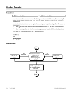 Page 340Headset Operation
Description
 124i Available. 384i Available.
A keyset user can utilize a customer-provided headset in place of the handset.  Like using Handsfree, using the
headset frees up the user’s hands for other work.  However, Headset Operation provides privacy not available
from Handsfree.
An extension in the headset mode has two options for when it appears busy to incoming callers. The headset ex-
tension can be:
•Busy to incoming callers when only one extension appearance is busy (i.e.,...