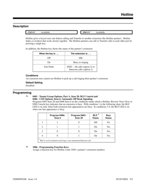 Page 351Hotline
Description
 124i Available. 384i Available.
Hotline gives a keyset user one-button calling and Transfer to another extension (the Hotline partner).  Hotline
helps co-workers that work closely together.  The Hotline partners can call or Transfer calls to each other just by
pressing a single key.
In addition, the Hotline key shows the status of the partner’s extension:
When the key is . . . The extension is . . .
Off Idle
On Busy or ringing
Fast Flash DND – All calls (option 3) or
Intercom calls...