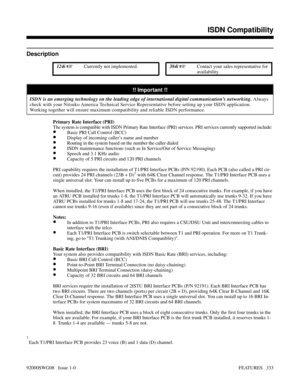 Page 363ISDN Compatibility
Description
 124i Currently not implemented. 384i Contact your sales representative for
availability.
!! Important !!
ISDN is an emerging technology on the leading edge of international digital communication’s networking. Always
check with your Nitsuko America Technical Service Representative before setting up your ISDN application.
Working together will ensure maximum compatibility and reliable ISDN performance.
Primary Rate Interface (PRI)
The system is compatible with ISDN Primary...