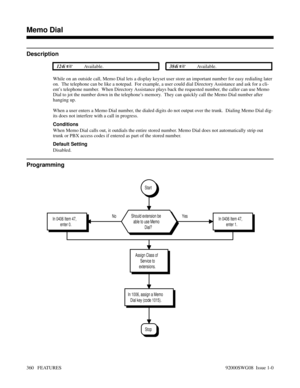 Page 390Memo Dial
Description
 124i Available. 384i Available.
While on an outside call, Memo Dial lets a display keyset user store an important number for easy redialing later
on.  The telephone can be like a notepad.  For example, a user could dial Directory Assistance and ask for a cli-
ent’s telephone number.  When Directory Assistance plays back the requested number, the caller can use Memo
Dial to jot the number down in the telephone’s memory.  They can quickly call the Memo Dial number after
hanging...