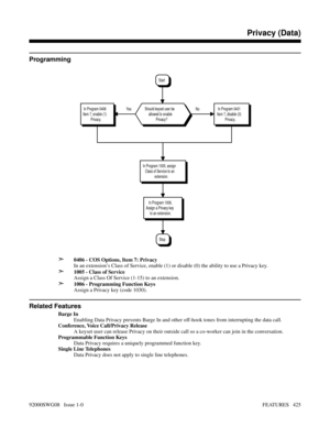 Page 455Programming
➣
0406 - COS Options, Item 7: Privacy
In an extension’s Class of Service, enable (1) or disable (0) the ability to use a Privacy key.
➣1005 - Class of Service
Assign a Class Of Service (1-15) to an extension.
➣1006 - Programming Function Keys
Assign a Privacy key (code 1030).
Related Features
Barge In
Enabling Data Privacy prevents Barge In and other off-hook tones from interrupting the data call.
Conference, Voice Call/Privacy Release
A keyset user can release Privacy on their outside call...