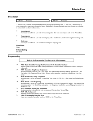 Page 457Private Line
Description
 124i Available. 384i Available.
A Private Line is a trunk reserved for a keyset for placing and answering calls.  A user with a Private Line al-
ways knows when important calls are for them.  Additionally, the user has their own trunk for placing calls that
is not available to others in the system.
•Incoming only
The keyset has a Private Line only for incoming calls.  The user cannot place calls on the Private Line.
•Outgoing only
The keyset has a Private Line only for...