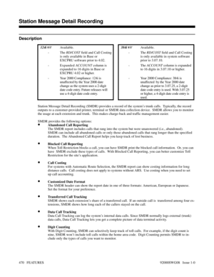 Page 500Station Message Detail Recording
Description
 124i Available. 384i Available.
-The RD/COST field and Call Costing
is only available in Base or
EXCPRU software prior to 4.02.-The RD/COST field and Call Costing
is only available in system software
prior to 3.07.10.
- Expanded ACCOUNT column is
expanded to 16 digits in Base or
EXCPRU 4.02 or higher.-The ACCOUNT column is expanded
to 16 digits in 3.07.10 or higher.
- Year 2000 Compliance: 124i is
unaffected by the Year 2000 date
change as the system uses a...