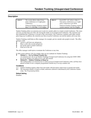 Page 525Tandem Trunking (Unsupervised Conference)
Description
 124i The system allows either 8 four-
party conferences or 4 eight-party
conferences. 384i Each DTU-A/C allows either 4
four-party conferences or 2 eight-
party conferences per PCB.
- Enhanced Tandem Trunking requires
Base 2.13, EXCPRU 2.18 or higher.- Enhanced Tandem Trunking requires
system software 3.05.10 or higher.
Tandem Trunking allows an extension user to join two outside callers in a trunk-to-trunk Conference. The exten-
sion user can then...