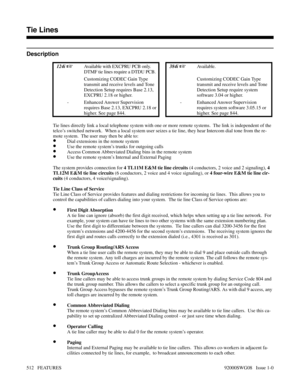 Page 542Tie Lines
Description
 124i Available with EXCPRU PCB only.
DTMF tie lines require a DTDU PCB. 384i Available.
Customizing CODEC Gain Type
transmit and receive levels and Tone
Detection Setup requires Base 2.13,
EXCPRU 2.18 or higher.Customizing CODEC Gain Type
transmit and receive levels and Tone
Detection Setup require system
software 3.04 or higher.
- Enhanced Answer Supervision
requires Base 2.13, EXCPRU 2.18 or
higher. See page 844.- Enhanced Answer Supervision
requires system software 3.05.15 or...