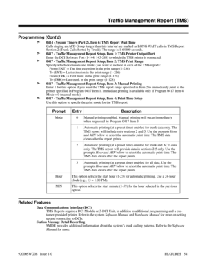Page 571Programming (Cont’d)
➣
0414 - System Timers (Part 2), Item 6: TMS Report Wait Time
Calls ringing an ACD Group longer than this interval are marked as LONG WAIT calls in TMS Report
Section 2 (Trunk Calls Sorted by Trunk). The range is 1-64800 seconds.
➣0417 - Traffic Management Report Setup, Item 1: TMS Printer Output Port
Enter the DCI Software Port (1-144, 145-288) to which the TMS printer is connected.
➣0417 - Traffic Management Report Setup, Item 2: TMS Print Range
Specify which extensions and trunks...