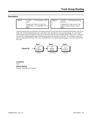 Page 579Trunk Group Routing
Description
 124i Available — 16 trunk groups and 36
routes.  384i Available — 128 trunk groups and
64 routes. 
- Changing the Trunk Access Code
requires Base 2.13, EXCPRU 2.18 or
higher.- Changing the Trunk Access Code
requires system software 3.04 or
higher.
Trunk Group Routing sets outbound call routing options for users that dial the Trunk Group Routing code (9) for
trunk calls. Trunk Group Routing routes calls in the order specified by system programming.  If a user dials 9
and...