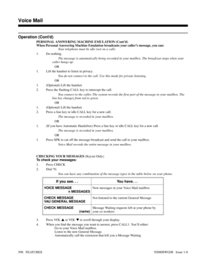 Page 628Operation (Cont’d)
PERSONAL ANSWERING MACHINE EMULATION (Cont’d)
When Personal Answering Machine Emulation broadcasts your caller’s message, you can:
Your telephone must be idle (not on a call).
1. Do nothing. 
The message is automatically being recorded in your mailbox. The broadcast stops when your
caller hangs up.
OR
1. Lift the handset to listen in privacy.
You do not connect to the call. Use this mode for private listening.
OR
1. (Optional) Lift the handset.
2. Press the flashing CALL key to...