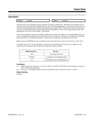 Page 629Voice Over
Description
 124i Available. 384i Available.
Voice Over lets a user interrupt a keyset extension user busy on another call.  With Voice Over, the busy keyset
extension user hears an alert tone followed by the voice of the interrupting party.  The keyset extension user can
respond to the interrupting party without being heard by the original caller.  If desired, the keyset extension user
can easily switch between their original caller and the interrupting co-worker. The original caller and...