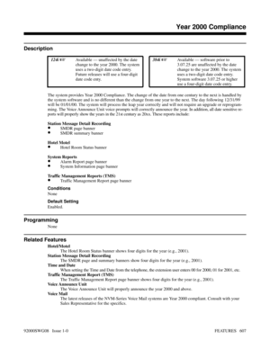 Page 637Year 2000 Compliance
Description
 124i Available — unaffected by the date
change to the year 2000. The system
uses a two-digit date code entry.
Future releases will use a four-digit
date code enty. 384i Available — software prior to
3.07.25 are unaffected by the date
change to the year 2000. The system
uses a two-digit date code entry.
System software 3.07.25 or higher
use a four-digit date code entry.
The system provides Year 2000 Compliance. The change of the date from one century to the next is...