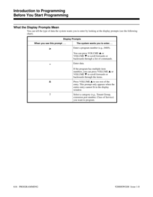 Page 652What the Display Prompts Mean
You can tell the type of data the system wants you to enter by looking at the display prompts (see the following
chart).
Display Prompts
When you see this prompt . . . The system wants you to enter. . .
>Enter a program number (e.g., 0405). 
You can press VOLUME  or
VOLUME  to scroll forwards or
backwards through a list of commands.
-Enter data.
If the program has multiple item
numbers, you can press VOLUME  or
VOLUME  to scroll forwards or
backwards through the items....