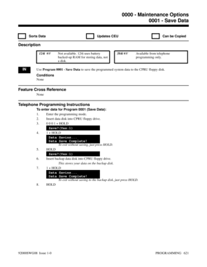 Page 6570000 - Maintenance Options0001 - Save Data
  Sorts Data   Updates CEU   Can be Copied
Description
 124i  Not available. 124i uses battery
backed-up RAM for storing data, not
a disk. 384i Available from telephone
programming only.
INUse Program 0001 - Save Data to save the programmed system data to the CPRU floppy disk.
Conditions
None
Feature Cross Reference
None
Telephone Programming Instructions
To enter data for Program 0001 (Save Data):
1. Enter the programming mode.
2. Insert data disk into CPRU...