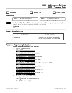 Page 6590003 - Time and Date
  Sorts Data   Updates CEU   Can be Copied
Description
 124i Available from telephone
programming only. 384i Available from telephone
programming only.
SAUse Program 0003 - Time and Date to change the system Time and Date through system programming.  Exten-
sion users can also dial Service Code 828 to change the Time and Date.
Conditions
None
Feature Cross Reference
For this feature . . . Use this option for . . .
Time and Date Setting the Time and Date if Class of Service
prevents...