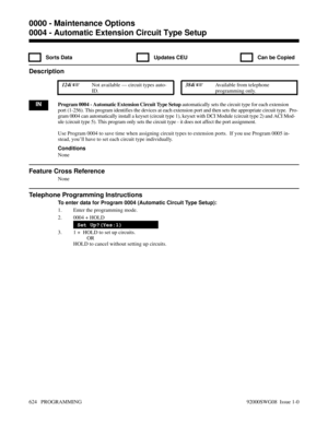 Page 6600004 - Automatic Extension Circuit Type Setup
  Sorts Data   Updates CEU   Can be Copied
Description
 124i Not available — circuit types auto-
ID. 384i Available from telephone
programming only.
INProgram 0004 - Automatic Extension Circuit Type Setup automatically sets the circuit type for each extension
port (1-256). This program identifies the devices at each extension port and then sets the appropriate circuit type.  Pro-
gram 0004 can automatically install a keyset (circuit type 1), keyset with DCI...