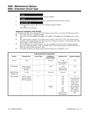 Page 662Type:
4. Enter the circuit type for the port selected and press HOLD.
Order:
5. Refer to the Understanding Port Assignments table below and enter the Order Number.
STA PORT No?
6. Enter the extension port number you want to program and press HOLD.
OR
Press HOLD to exit program.
Setting the Installation Order Number
Use the following table when assigning the Order Number in step 5 above. Also keep the following in mind:
•The system capacity is 384 physical ports
•The total of extensions ports, trunk...