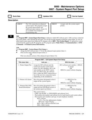 Page 6650007 - System Report Port Setup
  Sorts Data   Updates CEU   Can be Copied
Description
 124i The 124i system has an enhanced
system report. This program assigns
the system report printer and
additional report options. Items 2-6
are available from telephone
programming only. 384i Assigns only the system report
printer.
IN384i
Use Program 0007 - System Report Port Setup to indicate to which DCI software port (1-288) you have connected
the system printer. After selecting the DCI port, you can also use...