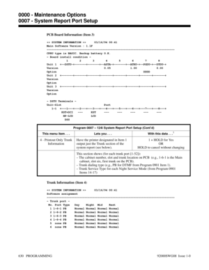 Page 666PCB Board Information (Item 3)
>     03/16/94 00:41
Main Software Version : 1.1F
------------------------------------------------------------------------------
CPRU type is BASIC. Backup battery O.K.
- Board install condition -
            1       2       3       4       5       6       7       8
Unit 1  +--DSTU-+-------+-------+--ASTA-+-------+--ATRU-+--PGDU-+--DTDU-+
Version                            0.05            1.00            0.00
Option                                                     DDDD...