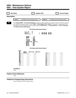 Page 6820091 - View System Report
  Sorts Data   Updates CEU   Can be Copied
Description
 124i Available from PC program only. 384i Available from PC program only.
INUse Program 0091 - View System Report to display an abbreviated system report. To have the entire system re-
port output on the report printer, refer to 0007 - System Report Port Setup. To upload the system report from
the system to the PC program, use PC program option Main Menu -> Communication -> O/M Command -
> 03 Read System Information.
384i...