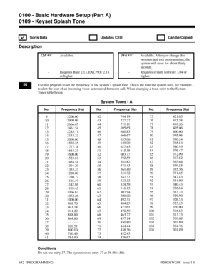 Page 6880109 - Keyset Splash Tone
✔  Sorts Data   Updates CEU   Can be Copied
Description
 124i Available. 384i Available. After you change this
program and exit programming, the
system will reset for about thirty
seconds. 
- Requires Base 2.13, EXCPRU 2.18
or higher.- Requires system software 3.04 or
higher.
INUse this program to set the frequency of the system’s splash tone. This is the tone the system uses, for example,
to alert the user of an incoming voice-announced Intercom call. When changing a tone,...