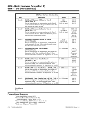 Page 710DTMF and Dial Tone Detection Setup
Item Description Range Default
Item 26Dial Tone 1 Minimum Off Time for Tone B
(DTOF_MIN_B)
For the tone type you are programming, set the Tone B
cycle minimum off time. If the cycle off time is less than
this interval, the tone is invalid.1-255
(20-5100 mS
in 20 mS steps)RBT=0
BT=0
SDT=0
Item 27Dial Tone 1 Maximum On Time for Tone A
(DTOF_MAX_A)
For the tone type you are programming, set the Tone A
cucle maximum off time. If the cycle off time is greater
than this...