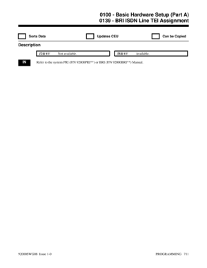 Page 7470139 - BRI ISDN Line TEI Assignment
  Sorts Data   Updates CEU   Can be Copied
Description
 124i Not available. 384i Available.
INRefer to the system PRI (P/N 92000PRI**) or BRI (P/N 92000BRI**) Manual.
0100 - Basic Hardware Setup (Part A)
0139 - BRI ISDN Line TEI Assignment
92000SWG08  Issue 1-0 PROGRAMMING   711 