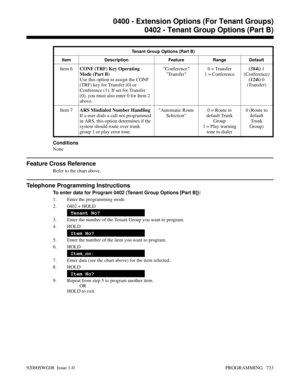 Page 769Tenant Group Options (Part B)
Item Description Feature Range Default
Item 6CONF (TRF) Key Operating
Mode (Part B)
Use this option to assign the CONF
(TRF) key for Transfer (0) or
Conference (1). If set for Transfer
(0), you must also enter 0 for Item 2
above.Conference
Transfer0 = Transfer
1 = Conference(384i) 1
(Conference)
(124i) 0
(Transfer)
Item 7ARS Misdialed Number Handling
If a user dials a call not programmed
in ARS, this option determines if the
system should route over trunk
group 1 or play...