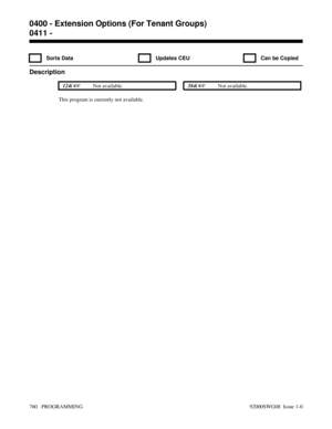 Page 7960411 - 
  Sorts Data   Updates CEU   Can be Copied
Description
 124i Not available. 384i Not available.
This program is currently not available.
0400 - Extension Options (For Tenant Groups)
0411 - 
760   PROGRAMMING 92000SWG08  Issue 1-0 