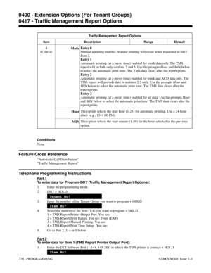 Page 806Traffic Management Report Options
Item Description Range Default
4
(Cont’d)ModeEntry 0
Manual aprinting enabled. Manual printing will occur when requested in 0417
Item 3.
Entry 1
Automatic printing (at a preset time) enabled for trunk data only. The TMS
report will include only sections 2 and 5. Use the prompts Hour and MIN below
to select the automatic print time. The TMS data clears after the report prints.
Entry 2
Automatic printing (at a preset time) enabled for trunk and ACD data only. The
TMS...