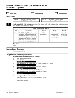 Page 8120420 - E911 Options
  Sorts Data   Updates CEU   Can be Copied
Description
 124i Available — requires Base and
EXCPRU 4.02 or higher. 384i Available — requires system
software 3.07.14 or higher.
INUse Program 0420 - E911 Options to set various E911 options. Refer to the following chart for a description of
each option, its range and default setting.
Tenant Group Options (Part A)
Item Description Feature Range Default
Item 1Dial 911 Routing Without Trunk Access
If enabled (1),an extension user can
dial...