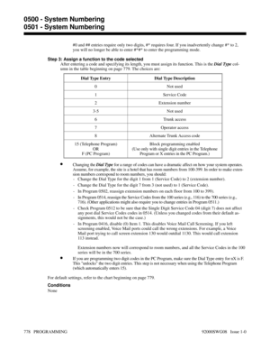 Page 814#0 and ## entries require only two digits, #* requires four. If you inadvertently change #* to 2,
you will no longer be able to enter #*#* to enter the programming mode.
Step 3: Assign a function to the code selected
After entering a code and specifying its length, you must assign its function. This is the Dial Type col-
umn in the table beginning on page 779. The choices are:
Dial Type Entry Dial Type Description
0 Not used
1 Service Code
2 Extension number
3-5 Not used
6 Trunk access
7 Operator access...