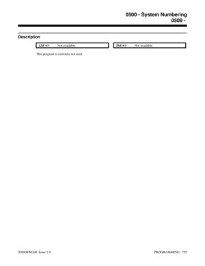 Page 8310509 - 
Description
 124i Not available. 384i Not available.
This program is currently not used.
0500 - System Numbering
0509 - 
92000SWG08  Issue 1-0 PROGRAMMING   795 