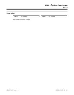 Page 8410513
Description
 124i Not available. 384i Not available.
This program is currently not used.
0500 - System Numbering
0513
92000SWG08  Issue 1-0 PROGRAMMING   805 