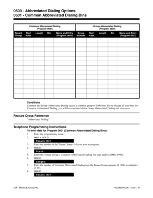 Page 854Common Abbreviated Dialing
(Program 0601)Group Abbreviated Dialing
(Program 0602)
Tenant
GroupStart
Addr.Length Bin Name and Entry
(Program 0603)Group
NumberStart
Addr.Length Bin Name and Entry
(Program 0603)
Conditions
Common and Group Abbreviated Dialing access a common group of 1990 bins. If you allocate all your bins for
Common Abbreviated Dialing, you will have no bins left for Group Abbreviated Dialing and visa versa.
Feature Cross Reference
Abbreviated Dialing
Telephone Programming Instructions
To...