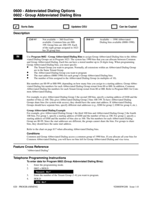 Page 8560602 - Group Abbreviated Dialing Bins
✔  Sorts Data   Updates CEU   Can be Copied
Description
 124i Not available — 360 fixed bins
available. Common bins are 000-
199. Group bins are 200-359. Each
of the eight groups assigned in 1023
has 20 group bins. 384i Available — 1990 Abbreviated
Dialing bins available (0000-1990).
INUse Program 0602 - Group Abbreviated Dialing Bins to assign Group Abbreviated Dialing bins to the Abbre-
viated Dialing Groups set in Program 1023. The system has 1990 bins that you...