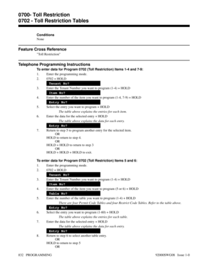 Page 868Conditions
None
Feature Cross Reference
Toll Restriction
Telephone Programming Instructions
To enter data for Program 0702 (Toll Restriction) Items 1-4 and 7-9:
1. Enter the programming mode.
2. 0702 + HOLD
Tenant No?
3. Enter the Tenant Number you want to program (1-4) + HOLD
Item No?
4. Enter the number of the item you want to program (1-4, 7-9) + HOLD
Entry No?
5. Select the entry you want to program + HOLD
The table above explains the entries for each item.
6. Enter the data for the selected entry +...