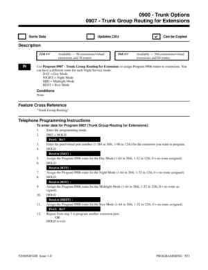 Page 8890907 - Trunk Group Routing for Extensions
 Sorts Data  Updates CEU
✔  Can be Copied
Description
 124i Available — 96 extensions/virtual
extensions and 36 routes. 384i Available — 384 extensions/virtual
extensions and 64 routes.
INUse Program 0907 - Trunk Group Routing for Extensions to assign Program 0906 routes to extensions. You
can have a different route for each Night Service mode:
DAY = Day Mode
NIGHT = Night Mode
MID = Midnight Mode
REST = Rest Mode
Conditions
None
Feature Cross Reference
Trunk...