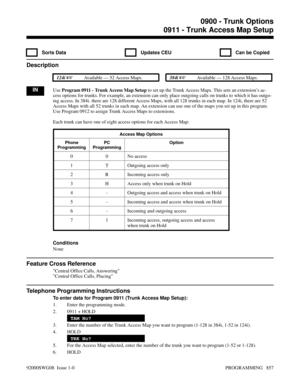 Page 8930911 - Trunk Access Map Setup
  Sorts Data   Updates CEU   Can be Copied
Description
 124i Available — 52 Access Maps. 384i Available — 128 Access Maps.
INUse Program 0911 - Trunk Access Map Setup to set up the Trunk Access Maps. This sets an extension’s ac-
cess options for trunks. For example, an extension can only place outgoing calls on trunks to which it has outgo-
ing access. In 384i. there are 128 different Access Maps, with all 128 trunks in each map. In 124i, there are 52
Access Maps with all...