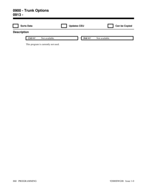 Page 8960913 - 
  Sorts Data   Updates CEU   Can be Copied
Description
 124i Not available. 384i Not available.
This program is currently not used.
0900 - Trunk Options
0913 - 
860   PROGRAMMING 92000SWG08   Issue 1-0 