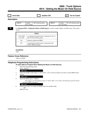 Page 8970914 - Setting the Music On Hold Source
 Sorts Data  Updates CEU
✔  Can be Copied
Description
 124i Available — 6 ACI software ports
and 52 trunks. 384i Available — 192 ACI software ports
and 128 trunks.
INUse Program 0914 - Setting the Music on Hold Source to select a trunk’s Music on Hold source. The source
can be:
Option
1-192 (384i)
1-6 (124i)A customer-provided source connected to one of
the 192 ACI software ports
254 Internal synthesized MOH 
255 A customer-provided source connected to the
CPRU...