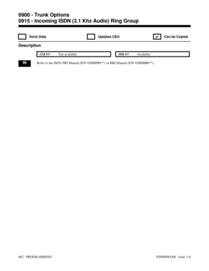 Page 8980915 - Incoming ISDN (3.1 Khz Audio) Ring Group
 Sorts Data  Updates CEU
✔  Can be Copied
Description
 124i Not available. 384i Available.
INRefer to the ISDN PRI Manual (P/N 92000PRI**) or BRI Manual (P/N 92000BRI**).
0900 - Trunk Options
0915 - Incoming ISDN (3.1 Khz Audio) Ring Group
862   PROGRAMMING 92000SWG08   Issue 1-0 